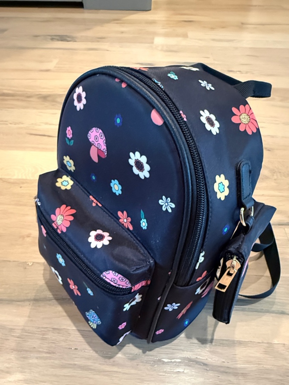 Floral Mini Backpack - Black with Multicolor Flowers & Mushrooms Design